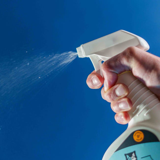 A close-up of a hand holding a white spray bottle, actively spraying cleaning solution onto a blue surface, likely a wall or ceiling in a residential or commercial space. The background features a clear blue wall with evenly lit, smooth surfaces, indicating a clean and maintained environment typical of professional sanitisation or surface cleaning. Visible in the image are the spray nozzle and the person's fingers gripping the bottle, emphasizing the process of surface cleaning to remove odours caused by dampness near Wimbledon Common. This scene illustrates the application of targeted cleaning techniques, consistent with deep cleaning services offered by Merton Cleaner for maintaining hygiene and freshness in properties.